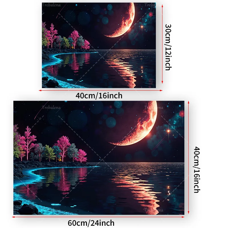 قطعة واحدة من نسيج الحائط "نسيج ليلة مضاءة القمر المجرة - منظر طبيعي كوني مع ماء وأشجار عاكسة" #3