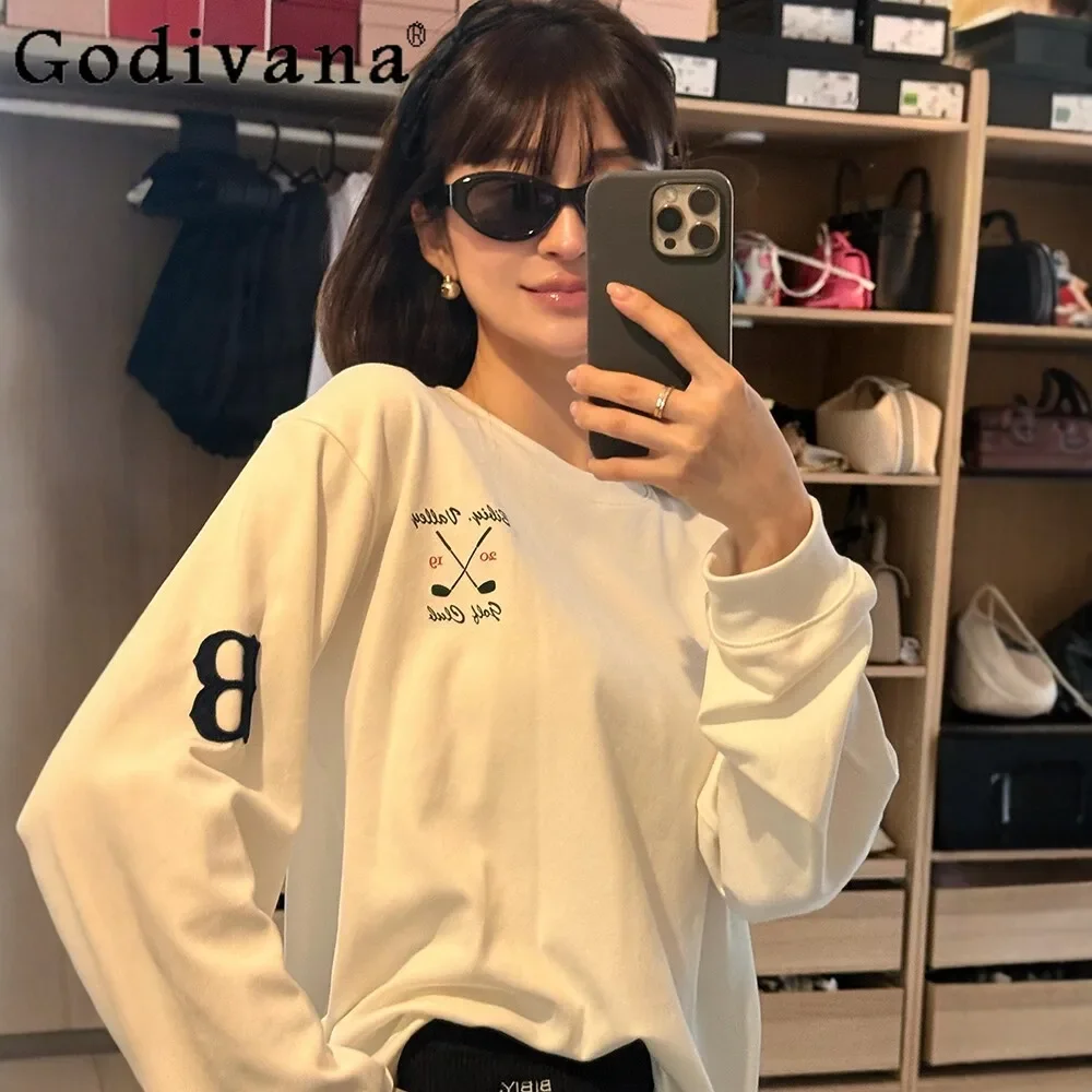 Autumn New Japanese Sweet Long Sleeve T-Shirt for Women Fashion Casual Letter Embroidery Crew Neck Loose Commuter Cute Tops
