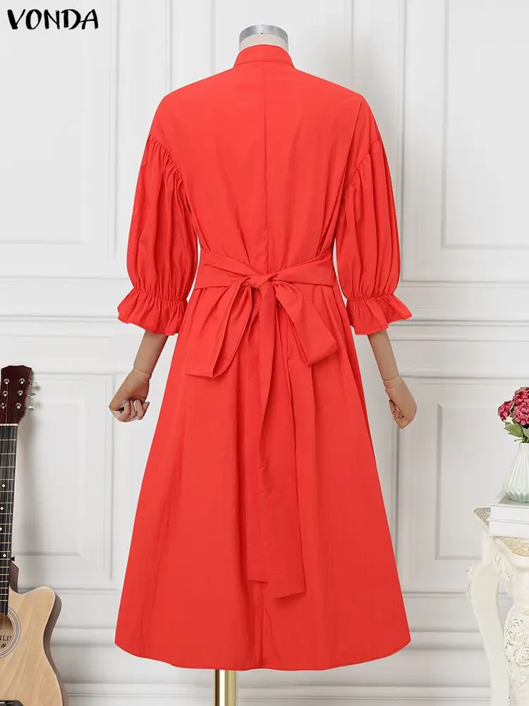 VONDA Plus Size Abiti lunghi eleganti Donna Autunno 3/4 Manica a lanterna Pieghettato Vestito estivo da festa Moda casual Abito lungo da sposa 5XL