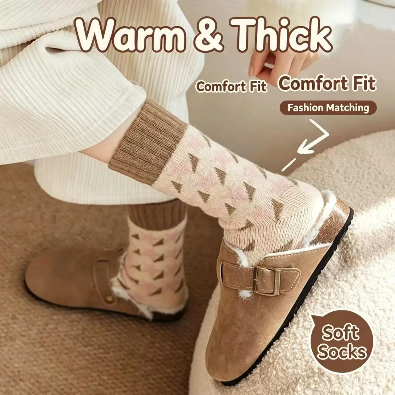 4Pairs Women Winter Thick Warm Crew Socks Fleece Lined Soft Casual Retro Mid Calf Socks Home Floor Sleep Socks Random Color