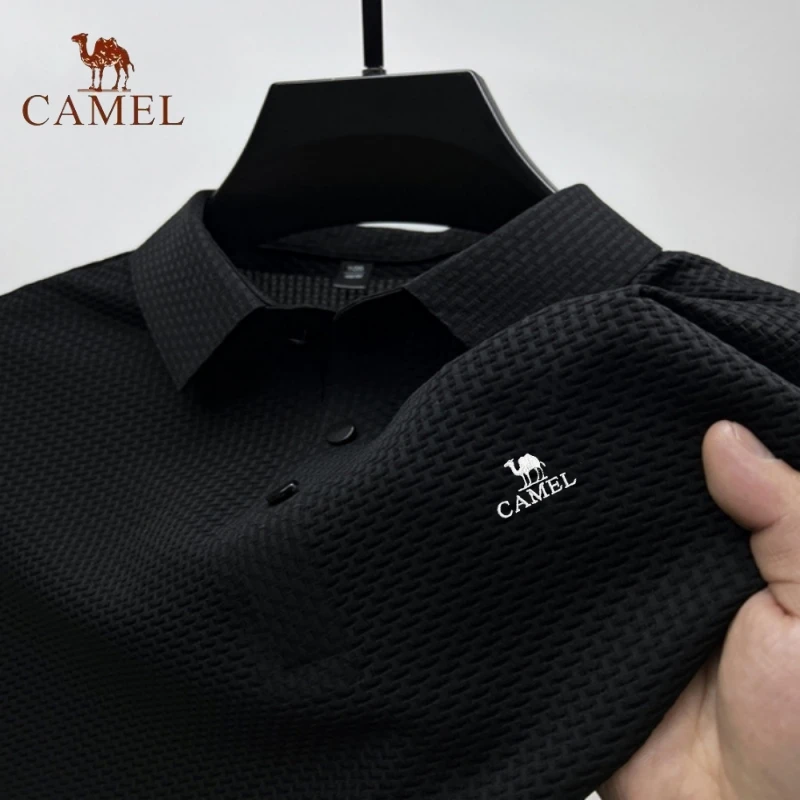 High End Embroidered CAMEL Knitted Ice Silk Polo Shirt, Summer Men\'s High-end Business Casual Breathable Short Sleeved T-shirt