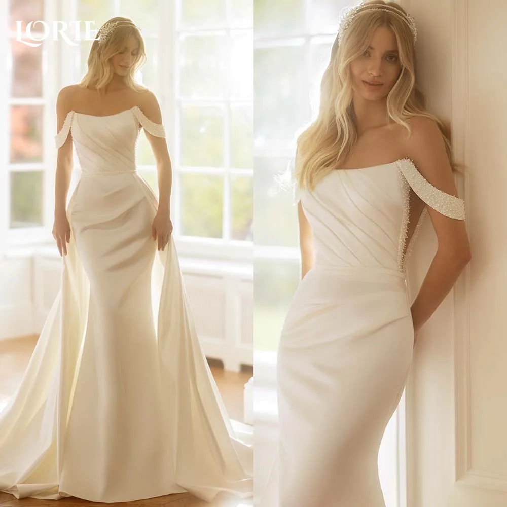 

LORIE Solid Wedding Dresses Off Shoulder Detachable Train Satin Mermaid Bridal Dress Leak Wasit Dress 2024 Pleated Bride Gowns