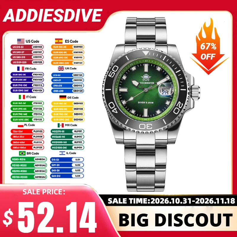 ADDIESDIVE Men's Watch 41mm Quartz Luxury Watch 200m Waterproof BGW9 Super Luminous 316L Stainless Steel Diving Reloj Hombre