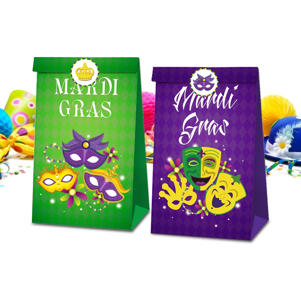 LB056 12Pcs American Mardi Gras Carnival Birthday Party Candy Kraft Paper Gift Bags with Stickers Parade Masks Party Decorations