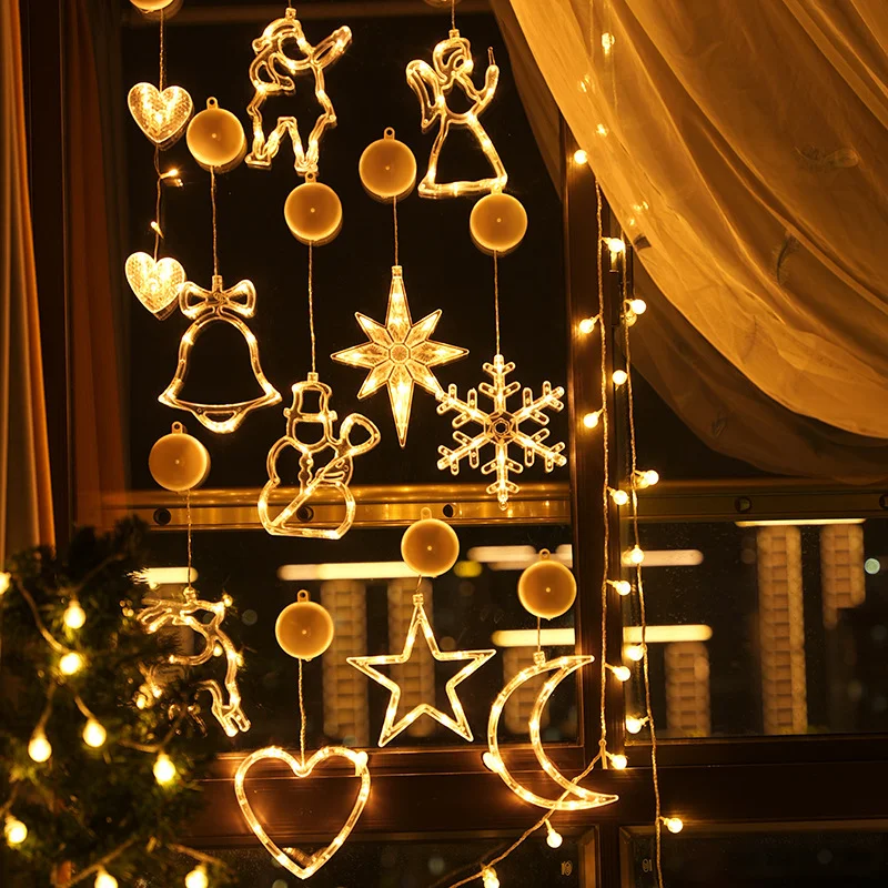 LED Christmas Silhouette Window Lights Star Snowman Tree Bell Suction Cup Battery Decor for Holiday Home Party Display
