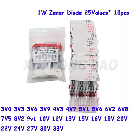 1W (3V to 33V) 250 Pcs 25Values*10pcs 1W Zener Diode Assorted kit Assortment Set New