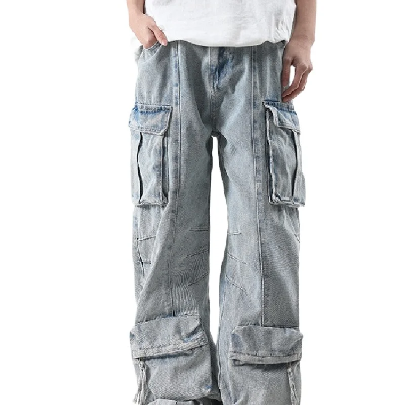 

Men's Fashion Oversized Hip Hop Cargo Jeans Pants With Multi Pockets Washed Loose Fit Denim Trousers Streetwear Bottoms