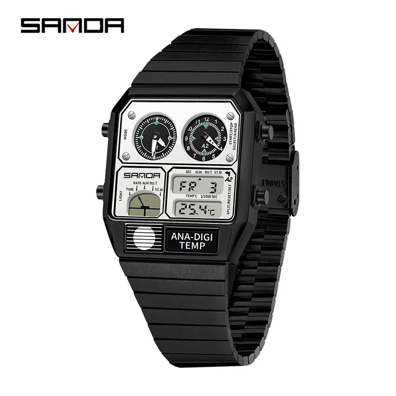 SANDA 3192 Quadratische elektronische Uhr für junge Männer, lässige multifunktionale Armbanduhr mit Thermometer, Stoppuhr, Chronograph
