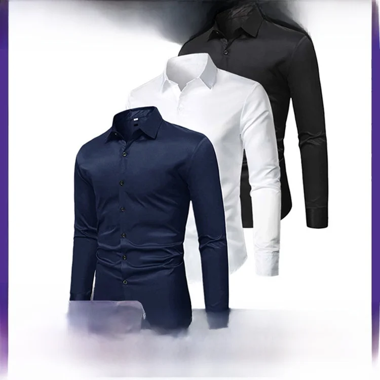 

Slim Fit Long Sve Men's irt Faionable Haome Pure Color Busin Sle Polyester Material Daily Wear Chinese Production