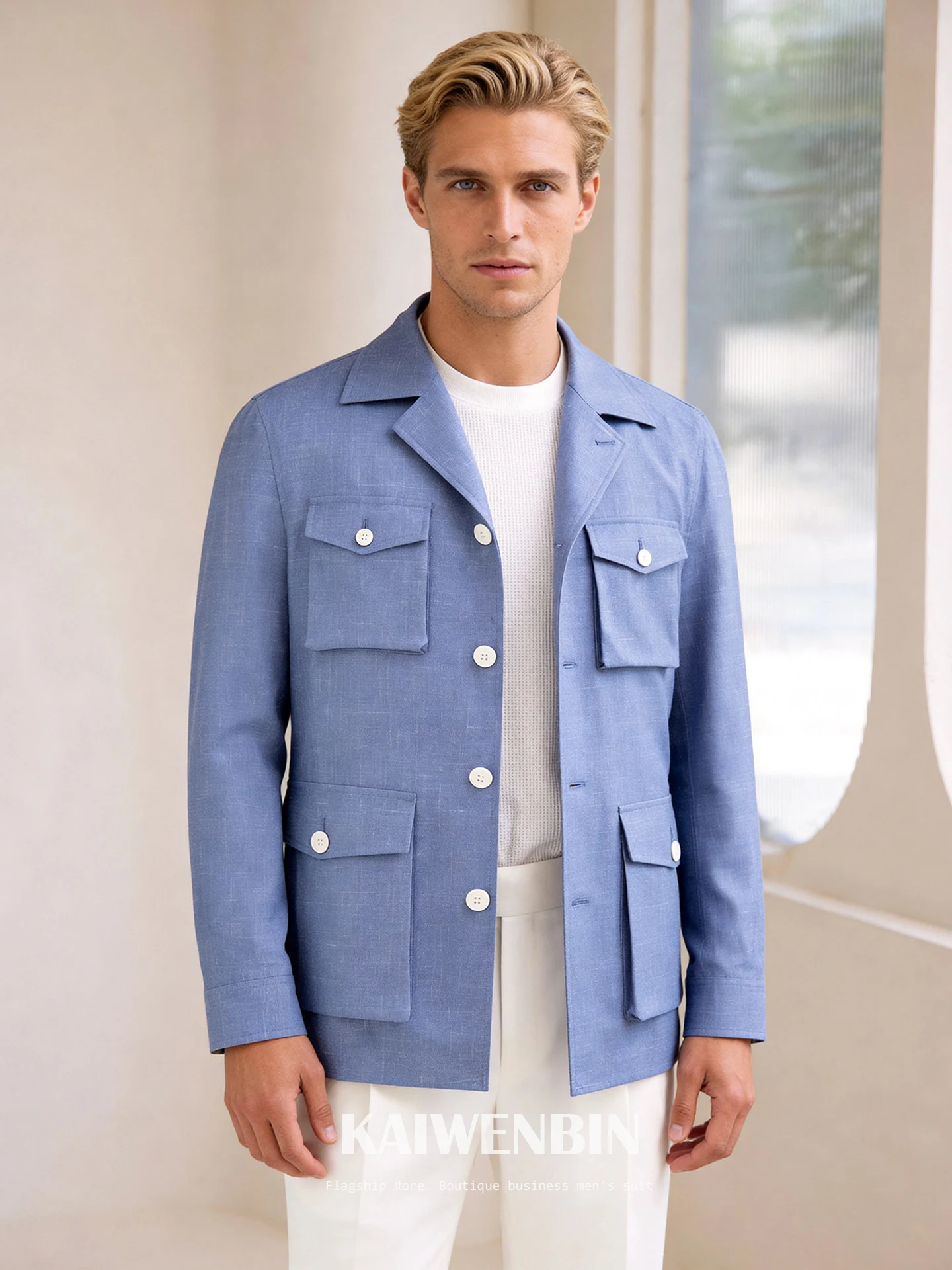 Cool Blazer BLue Men's Linen Wool Blend Vintage Luxury Breathable Comfort Casual Outerwear High-End Custom