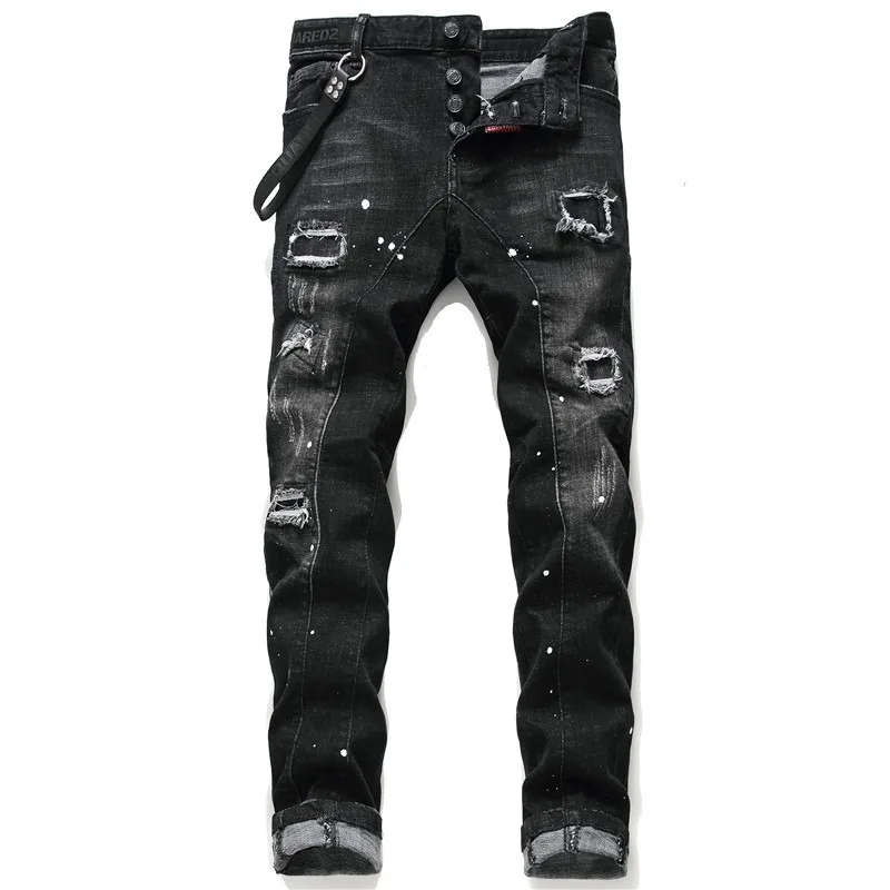 

Light Luxury Men’s Street Fashion Black Jeans,Hole Patched Decors Denim Pants,Trendy Stretch Casual Jeans Pants;