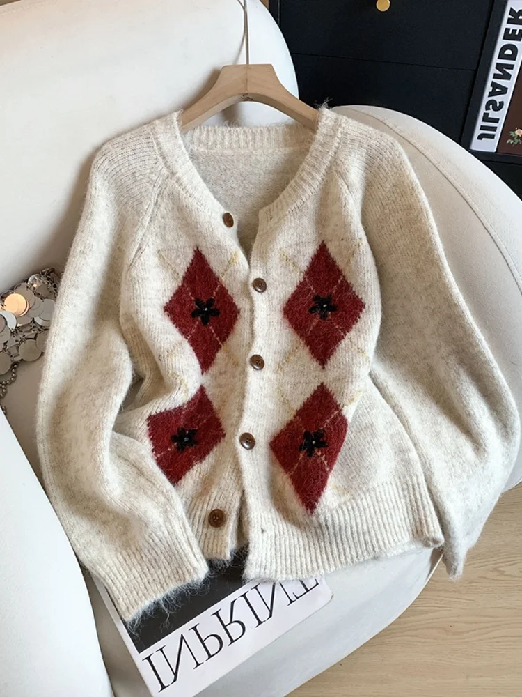 

Long Sve Knitted Open Cardigan Women's Faion Trend Rhombus Pattern Leisure Sle Retro Sweater for Commuting