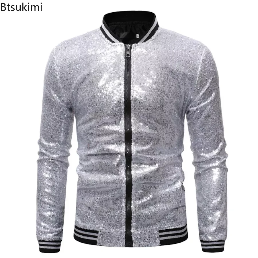 Chaquetas brillantes de lentejuelas para hombre, abrigos de estilo Punk con cremallera sólida, ropa para espectáculo de baile y fiesta de DJ en club nocturno, novedad de 2024