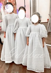 Ivory Milk Lace O-neck Flower Girl Dress For Wedding Puffy Lattern Half Sleeves Princess Kids Birthday First Communion Ball Gown