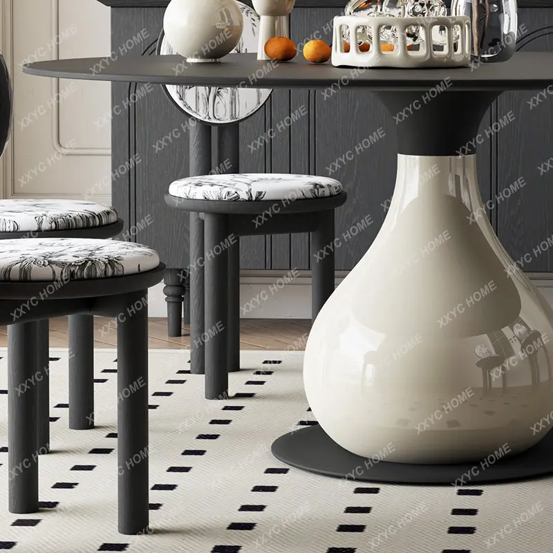 AA retro style round rock slab dining table rotating disc household small apartment light luxury high-end imported table