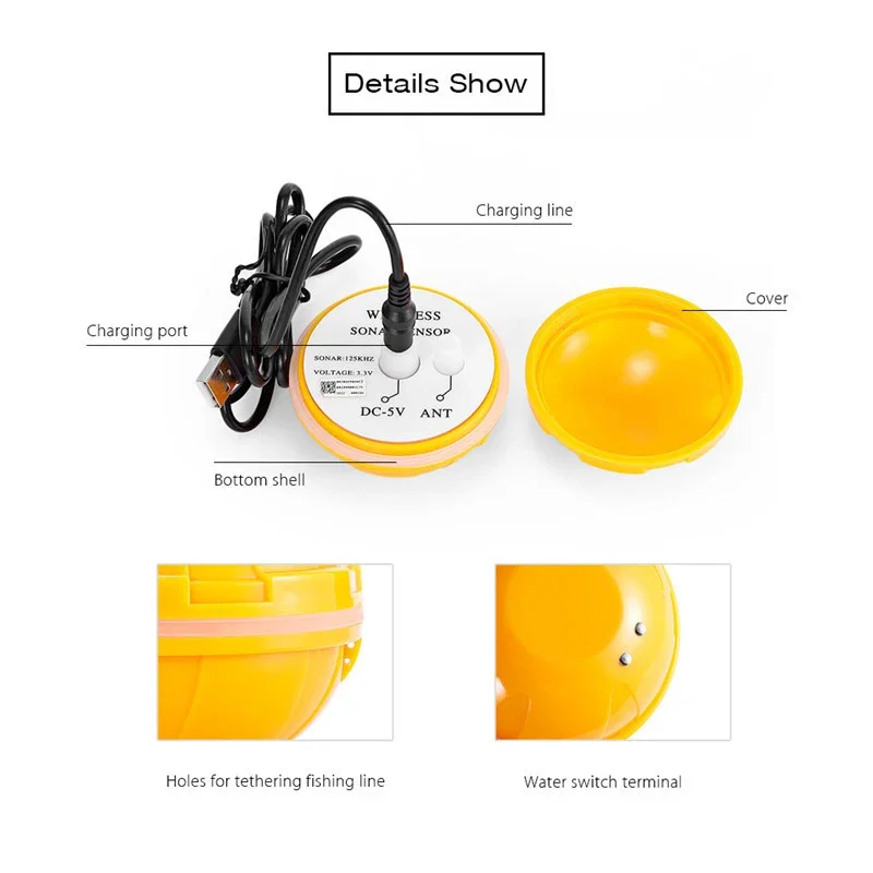 

Портативный эхолот с дисплеем, беспроводной эхолот, датчик эхолота, сигнализация, эхолот, глубина 50 м, 200 м, поддержка для рыболовной приманки, детали лодки