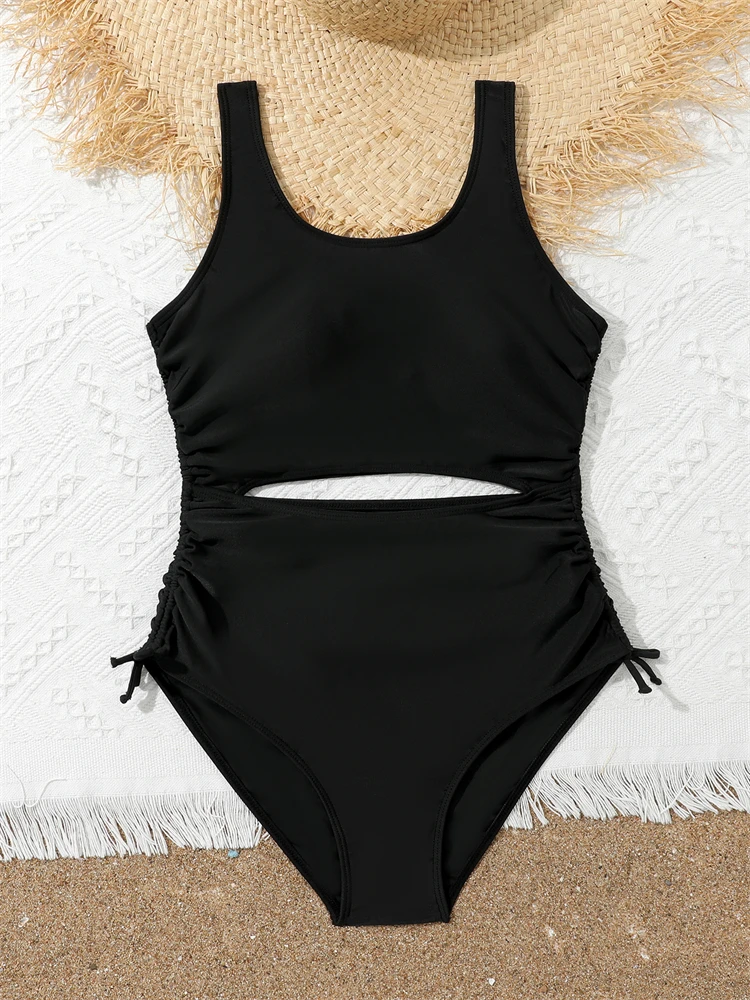 One Piece Girls Kids Swimsuit 2024 New Black Sling Hollow Out Children Swimwear Summer Bodysuit Beachwear Bathing Suit Swimming