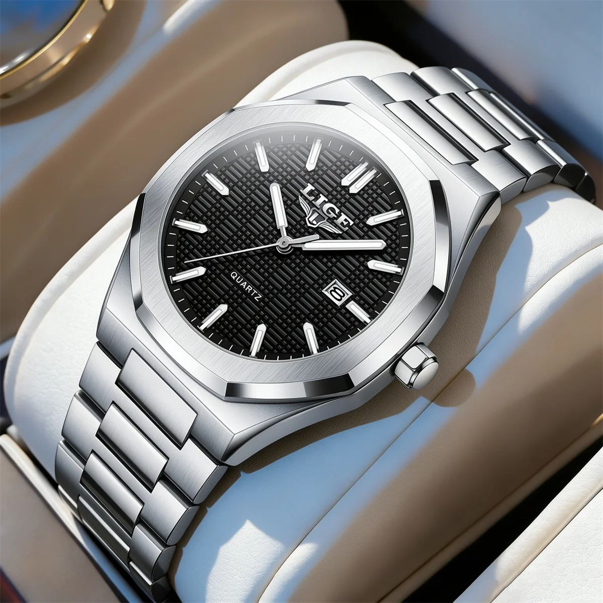LIGE Luxury Men Watch Top Brand Classic Business Style Stainless Steel Dual Calendar Quartz Movement Wrist Watch for Men reloj