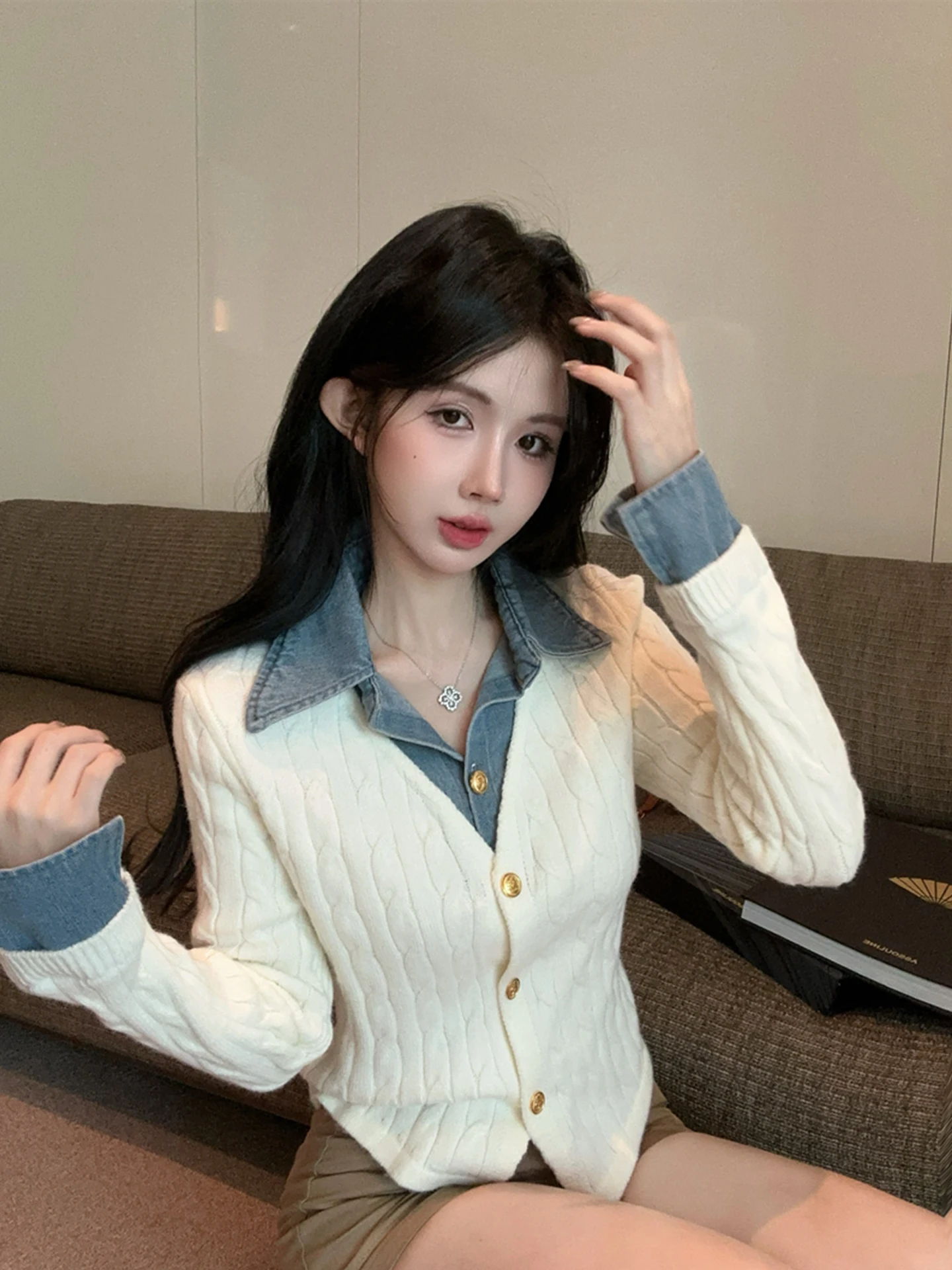 Pull en tricot à effet deux pièces unique en denim Ne Splice, design féminin, coupe slim, haut long, style coréen, vêtement quotidien