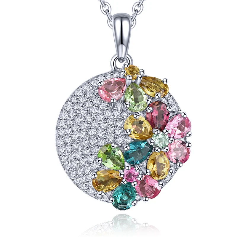 

Natural Tourmaline S925 Sterling Silver Pendants Necklace Multocolor Gemstone Fine Jewelry