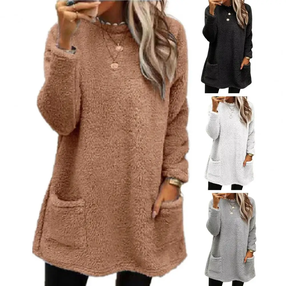 

Women Half-high Collar Sweatshirt Cozy Plush Women's Winter Sweatshirt with Pockets Soft Thick Pullover for Cold Weather Stylish