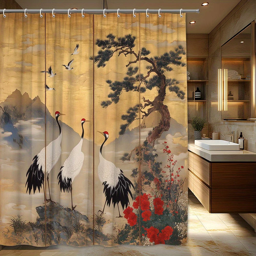 Chinese Landscape Shower Curtain Waterproof Bathroom Decor Oriental Art Style Curtain for Luxury Master Bath
