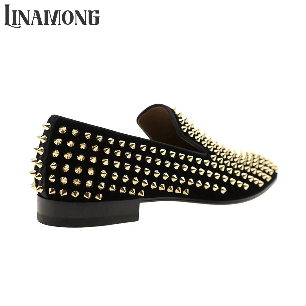 Gold Spikes Loafers Black Velvet Dress Shoes Designer Style Slip-On Punk Leather Shoes Handmade Classic Rivet Leather Men Shoes