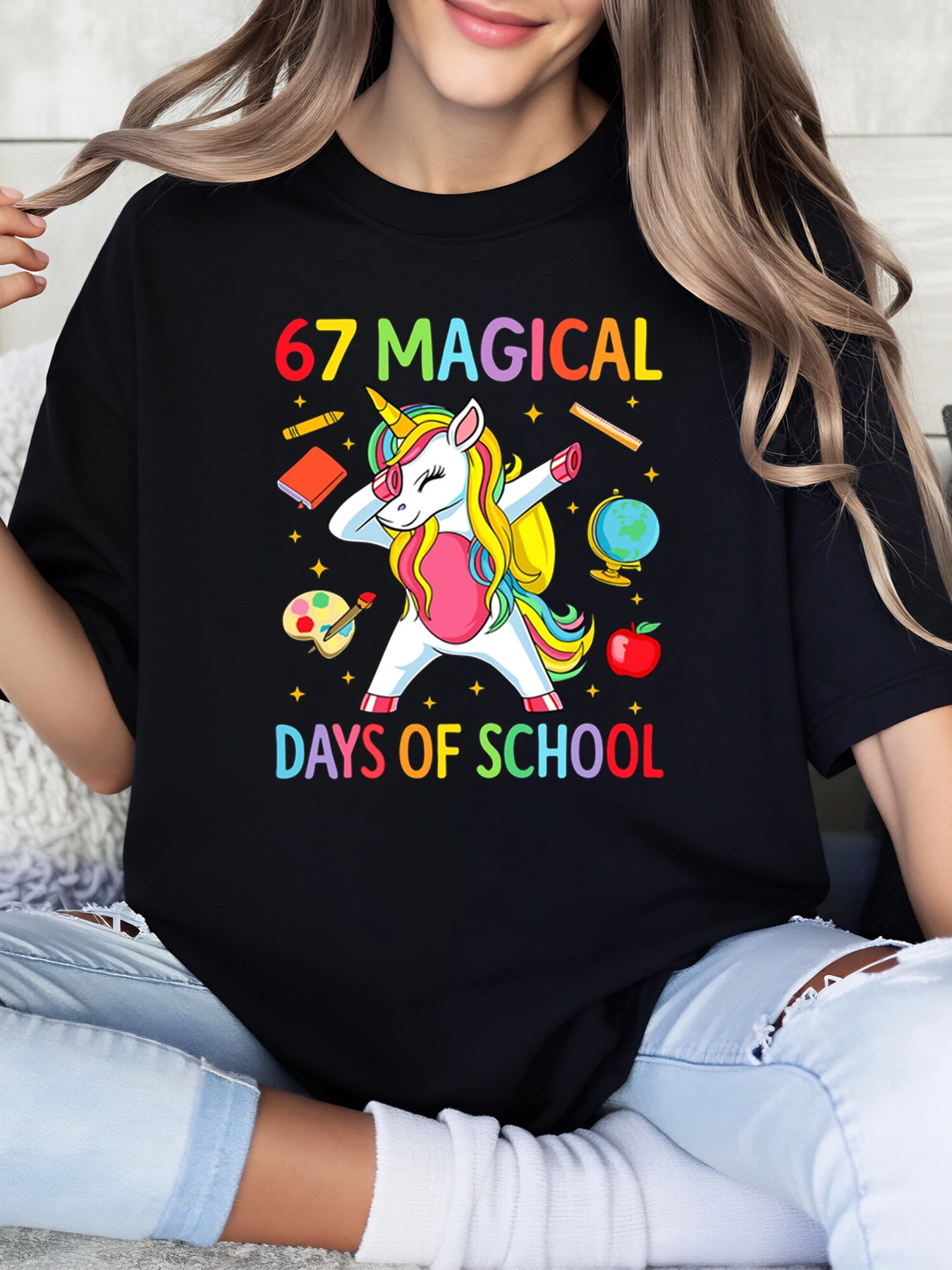 Unicorn Dabbing 67 Magical Days of School Print T-Shirt for Kids and Adults Back to School Party Wear Black Plus-Size