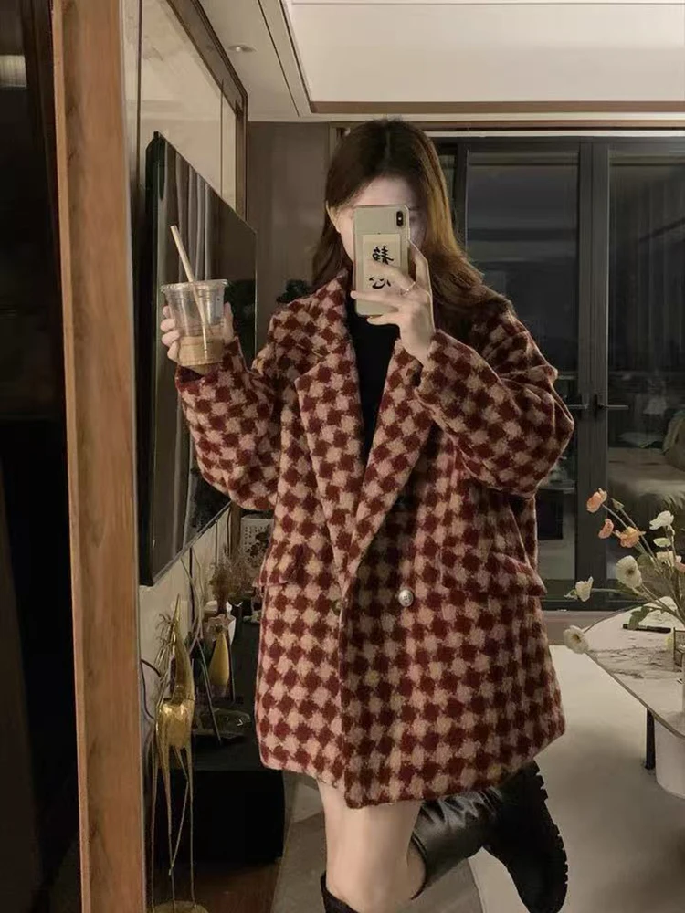 Vintage Faux Wool Plaid Suit Jacket Women Y2K Winter Thick Streetwear Loose Double Breasted Coat Korean All Match Blended Blazer