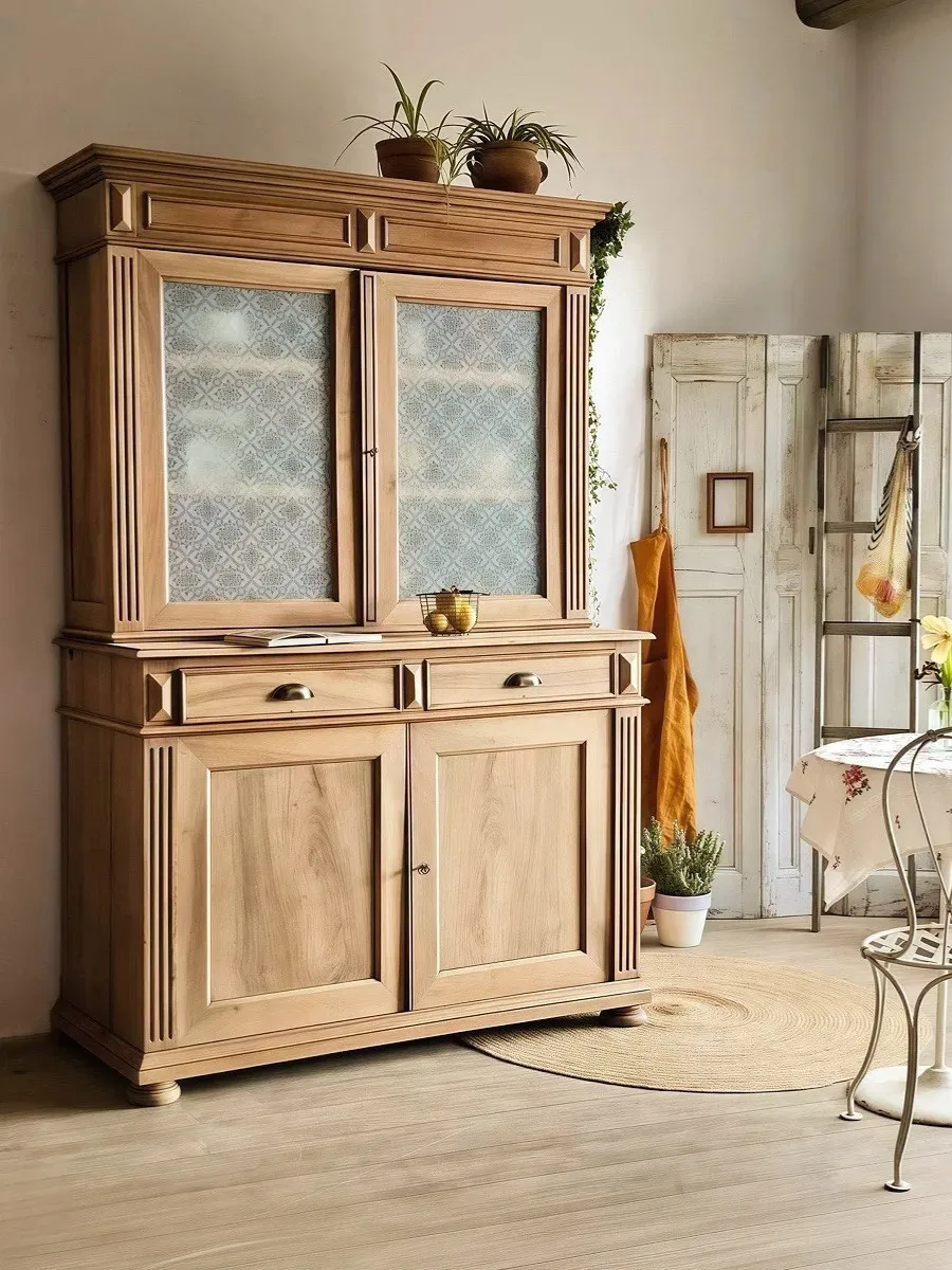 ^American-style Vintage Solid Oak Wine Cabinet Storage Two Doors Natural Wood-toned French Country Mid-century Modern Dining Roo