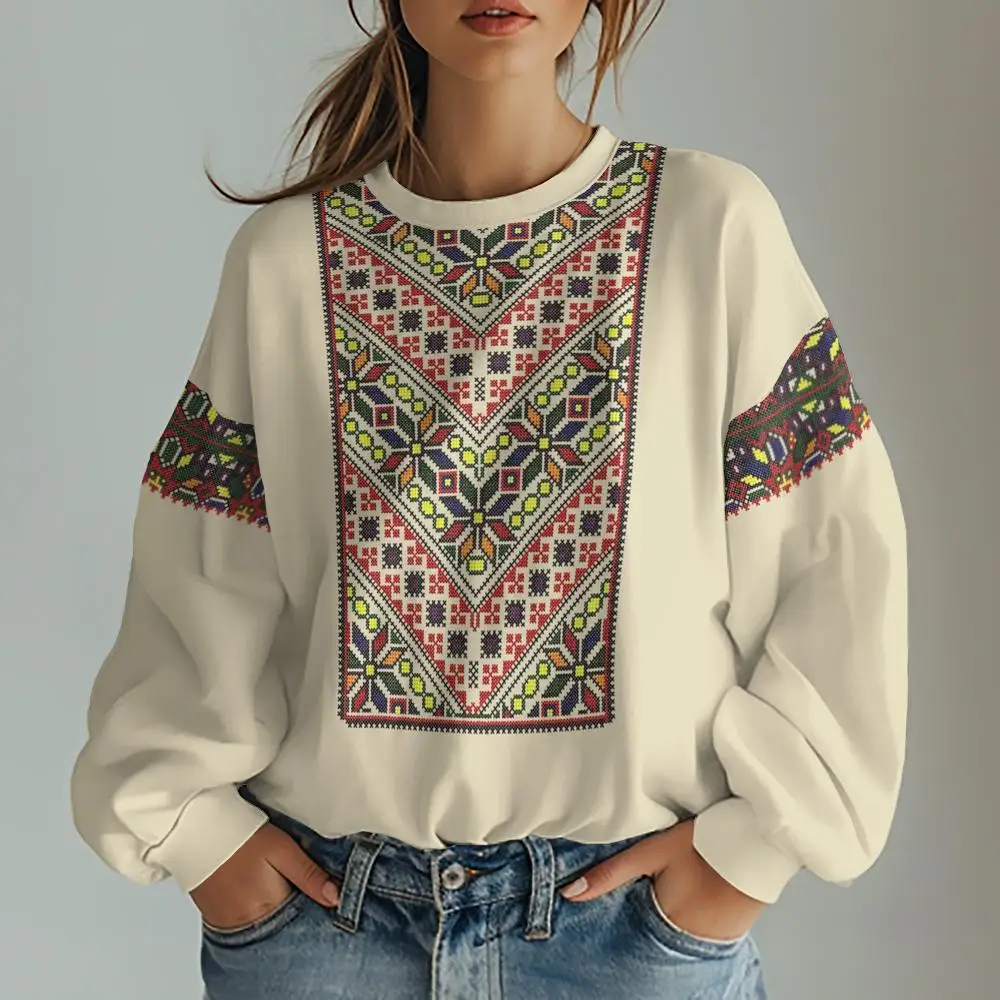 سويت شيرت نسائي بقلنسوة كبير الحجم بنمط أوكراني تقليدي مريح بأكمام طويلة كاجوال على طراز الشارع للشتاء #6