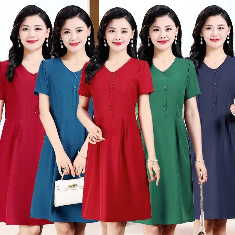 Summer Midi Dress Women Korean Vintage Solid Casual Dress 2024 Short Sleeve Elegant Party Dresses