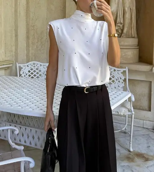 

Top Women 2026 Spring Summer New Fashion Polka Dot Slit Backless Lace Up Stand Collar Sleeveless Casual Daily Vest Top