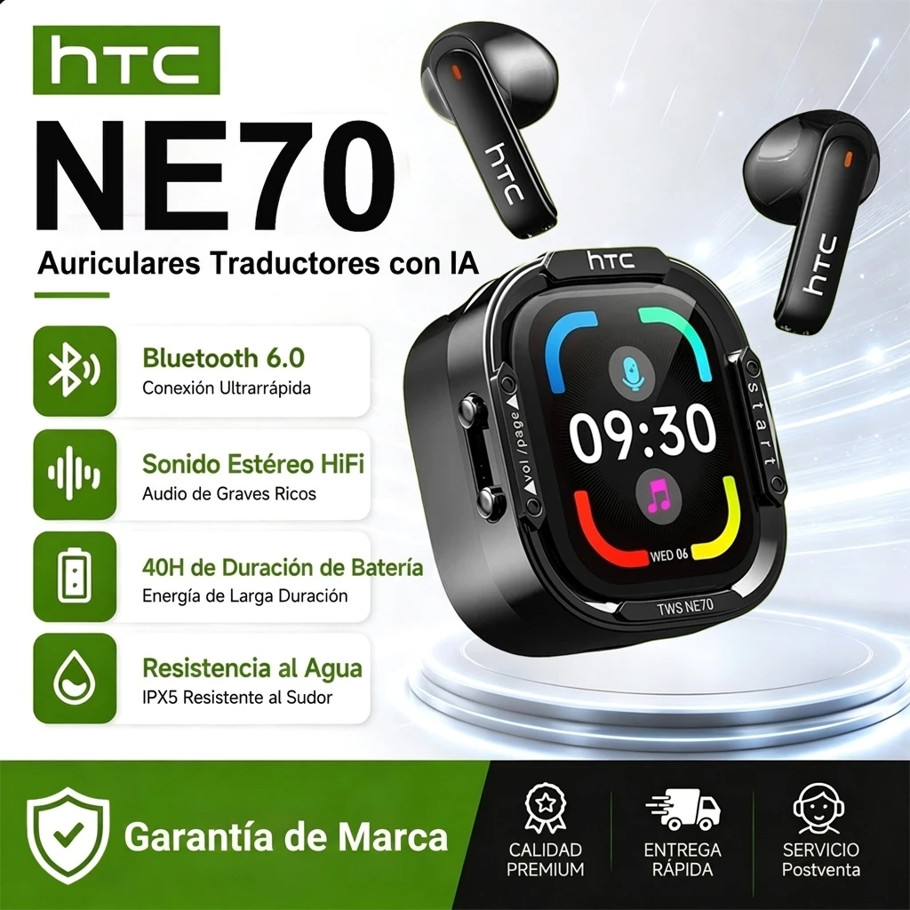 Auriculares Bluetooth HTC NE70, Audífonos Inalámbricos con Traducción Bidireccional por IA, Auriculares Traductor de Idioma 2026, Auriculares Bluetooth Inalámbricos Ultracómodos y Ligeros para Deportes y Viajes, Compatibles con IOS y Android