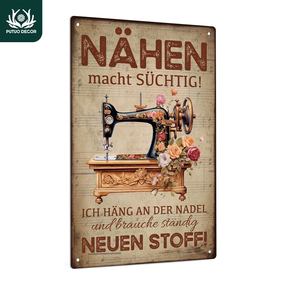 Putuo Decor 1pc German Vintage Metal Tin Sign, Nahen Macht Suchtig, Wall Art Decor for Home Farmhouse Sewing Room