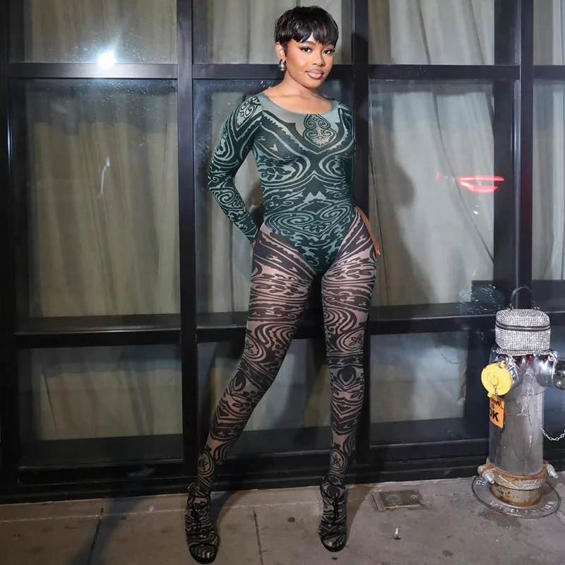 Ensemble 2 pièces imprimé géométrique pour femmes, tenues de fête en Club d'anniversaire, maille transparente, body à manches longues et ensemble Leggings