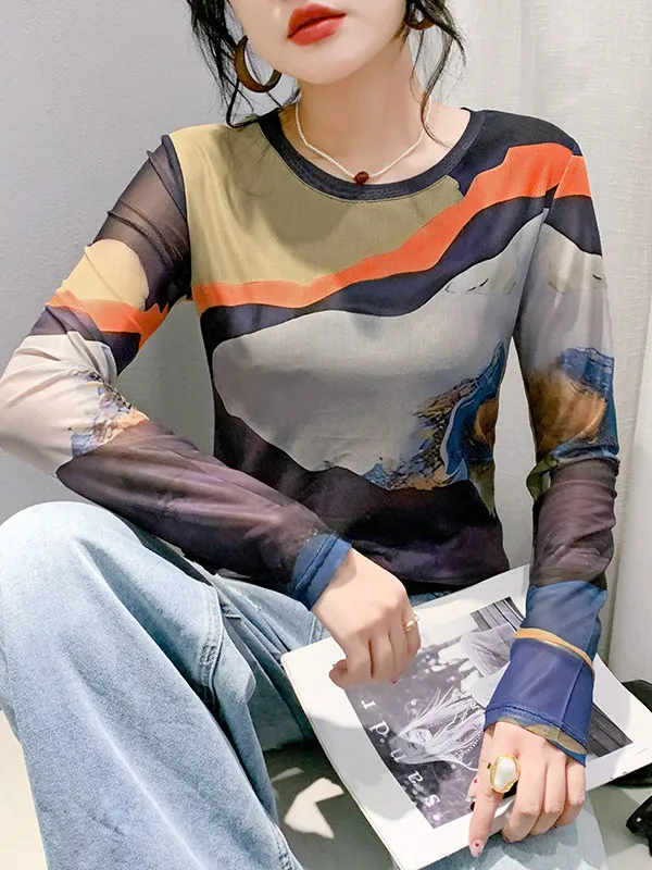 Slimming Effect Long Sleeve round Neck Mesh Print T-Shirt Women's Base Shirt Casual Style Autumn Fashion plus Size Top