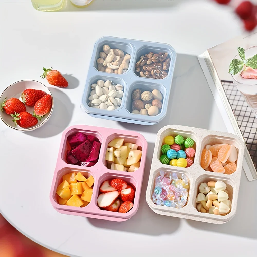 Reusable 4 Compartments Bento Snack Box Meal Prep Containers With Snacks Fruits Nuts Cookies Candies