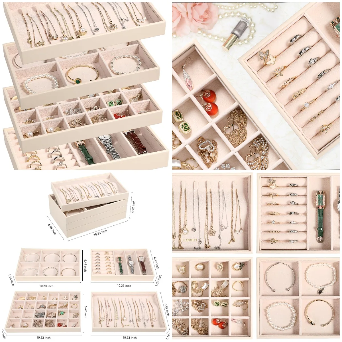 

Штабелируемый органайзер для ювелирных изделий, 4 комплекта, лоток из искусственной кожи со съемными перегородками, хранилище для сережек, кольца, браслета, абрикос