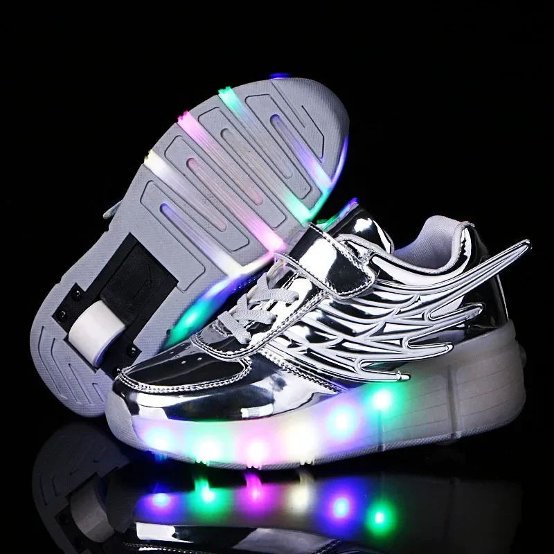 Kids LED light roller shoes for boys girl luminous light up skate sneakers with on wheels kids roller skates wings shoes