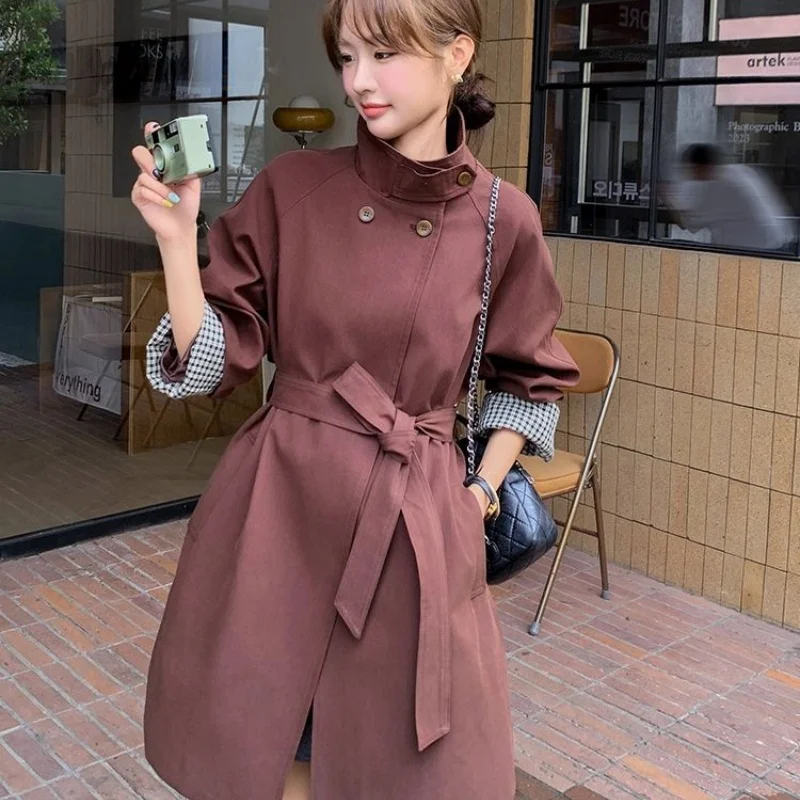 Trench da donna con cintura doppio petto Slim Fit di media lunghezza stile coreano Cappotto primaverile casual Capispalla W1849