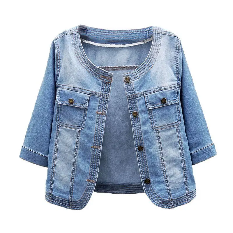

Spring New Fashion Casual Coat size 3XL Short Jeans Jacket For Women Blue O-Neck Three Quarter Sleeve Denim Jacket Coat Female