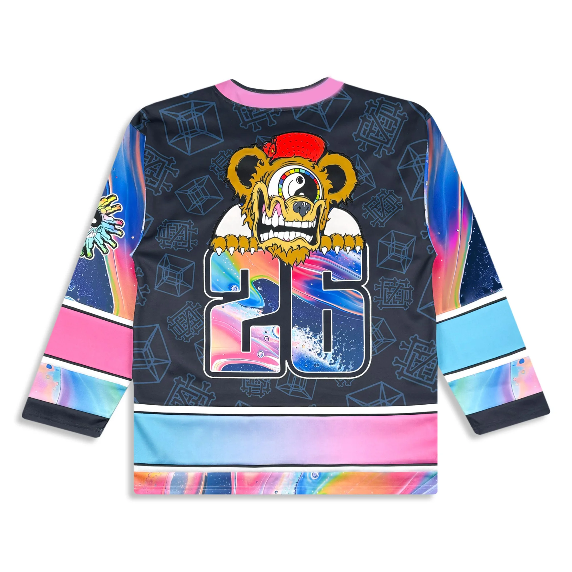 Psychedelic Cartoon Bear Print Long-sleeve Sports Tee—mesh Top, Suitable for Raves, Music Festivals, and Casual Wear.Mto