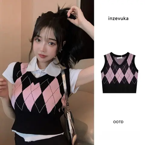 핑크 여성용 조끼 V넥 짧은 핏 피규어 조끼 빈티지 학원 스타일 겹입은 여성용 조끼 조끼 외투 조끼 여성용 조끼 Best5