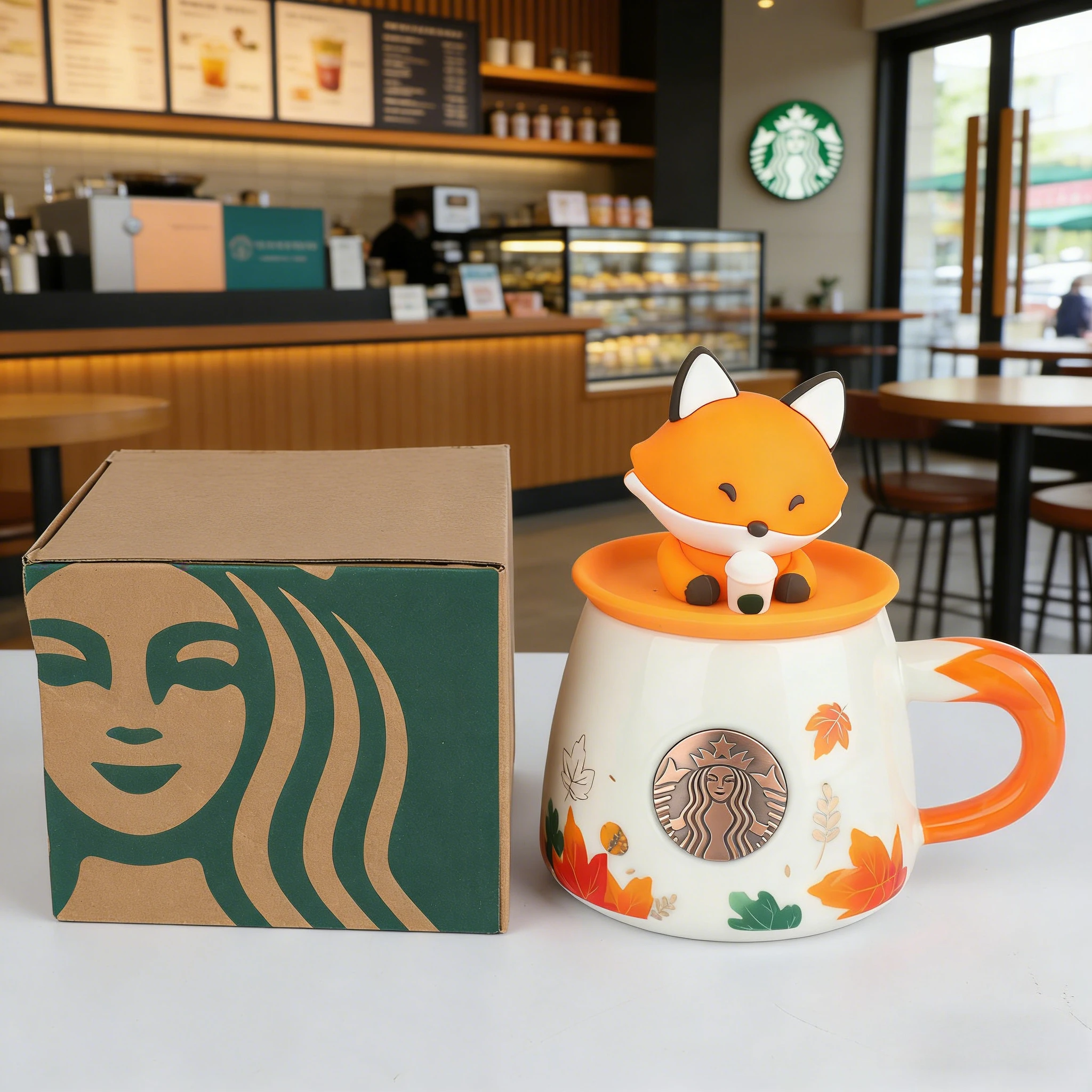 Taza de Cerámica Starbucks con Diseño de Hoja de Arce Otoñal, 300 ml, Taza de Café con Dibujo Animado de Zorro, Taza para Agua