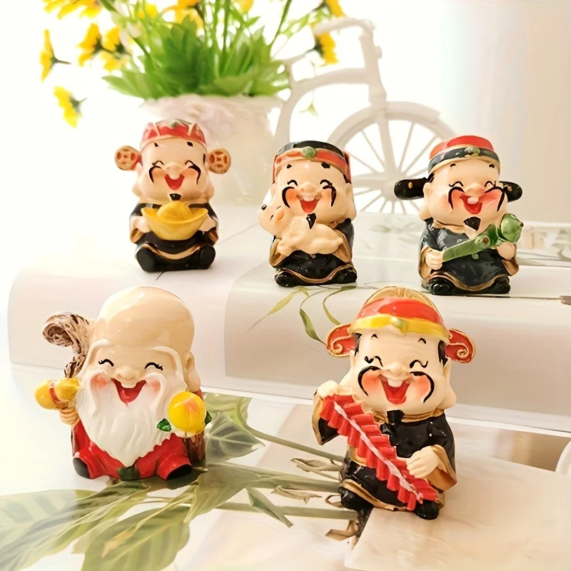 Five Fortune Gods: Red-Themed Resin Figurines for Home, Office, or Store Opening New Year'S Celebration Gift Featuring Wealth, P