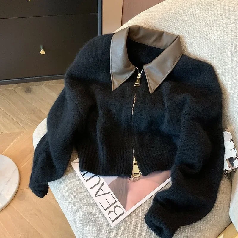 Vintage Leather Spliced Knitted Cardigan Coat Women Spring Lapel Collar Sweater Jacket Long Sleeve Loose Fitting Cropped Outwear