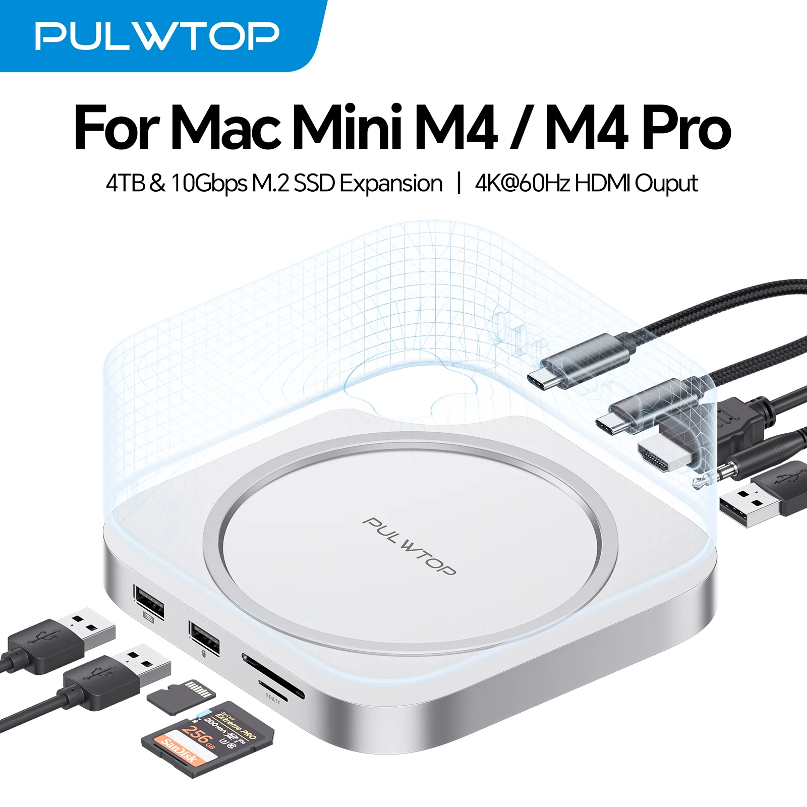 

PULWTOP Mac Mini M4 Hub Stand 4K60Hz USB 2.0 USB C Dock Mount M.2 SSD Enclosure (SSD NOT Included) for 2024 Mac Mini M4 Pro