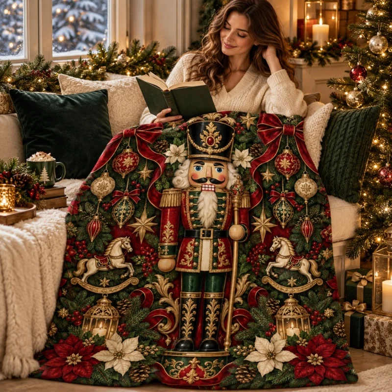 Luxury Nutcracker Soldier Christmas Flannel Throw Blanket,Bauble Poinsettia Rocking Horse Lantern Print Soft Cozy Blanket