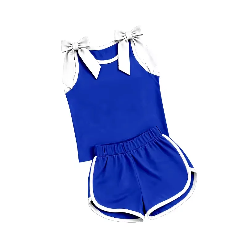 Ready To Ship Girls Solid Color Sleeveless Summer Shoulder Bows Top Sports Shorts Children Boutique Kids Outfits Clothes Sets